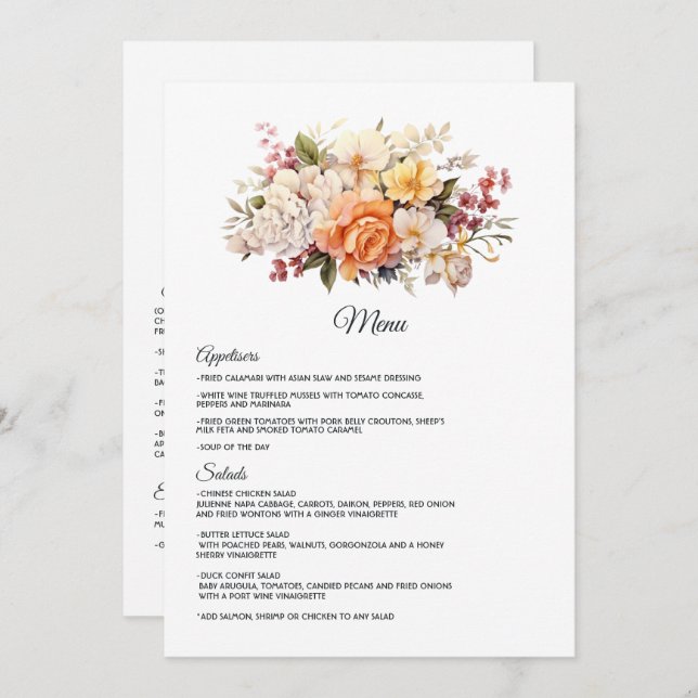 Champagne Coloured Floral Wedding Menu (Front/Back)