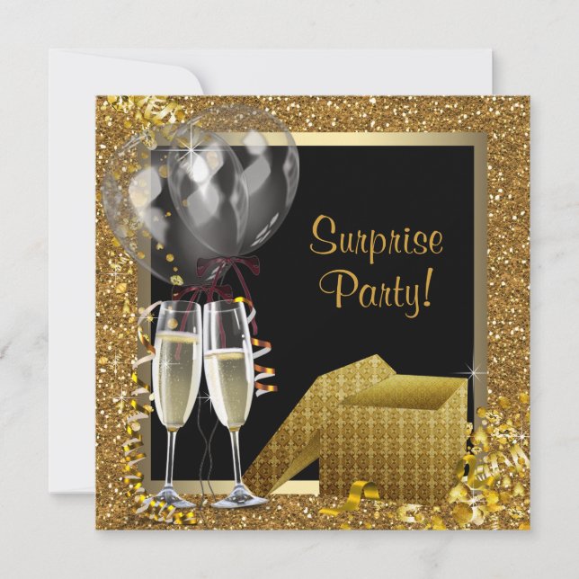 Champagne Confetti Black Gold Surprise Party Invitation (Front)