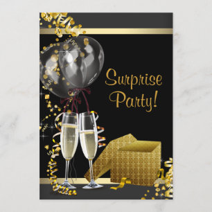 Champagne Confetti Black Gold Surprise Party Invitation
