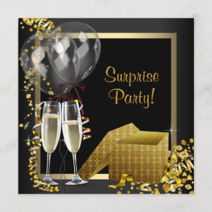 Champagne Confetti Black Gold Surprise Party Invitation