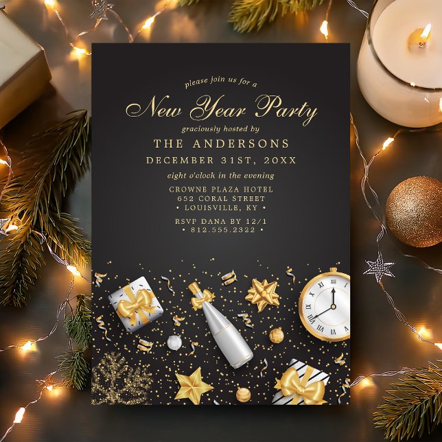 Champagne Confetti Gold Black New Year Party Invitation (Creator Uploaded)