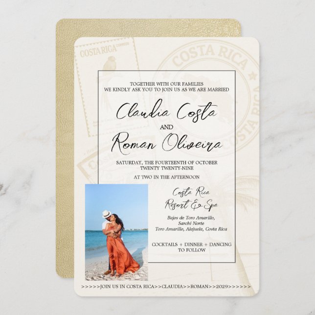 Champagne Costa Rica Passport Wedding Invitation (Front/Back)