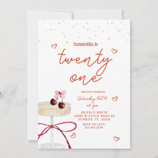 Champagne Coupe Cherry Heart Birthday Invitation