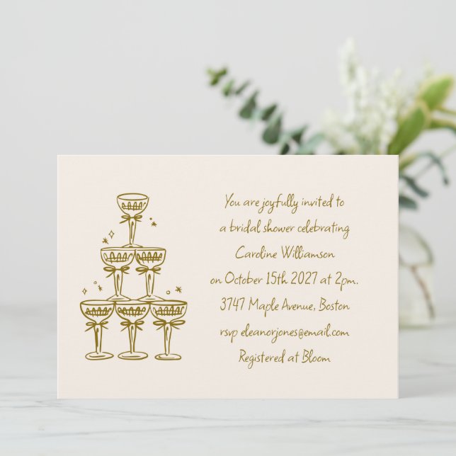 Champagne Coupe Gold Handwritten Bridal Shower Invitation (Standing Front)