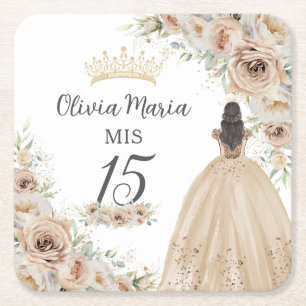 Champagne Cream Beige Floral Princess Quinceañera Square Paper Coaster