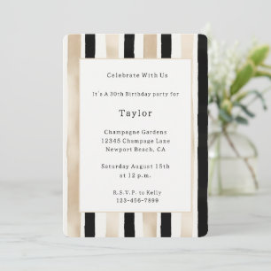 Champagne Cream Black White Stripes Birthday Invitation