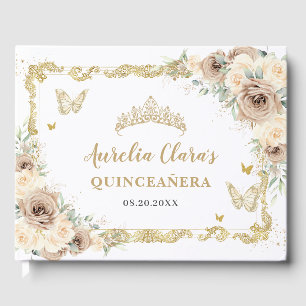 Champagne Cream Floral Butterflies Quinceañera Guest Book
