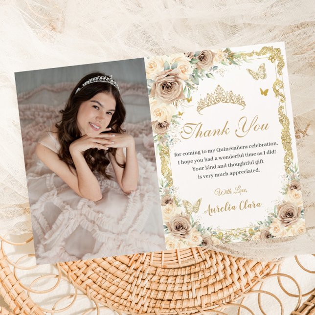 Champagne Cream Floral Sweet Sixteen Quinceañera Thank You Card (Creator Uploaded)