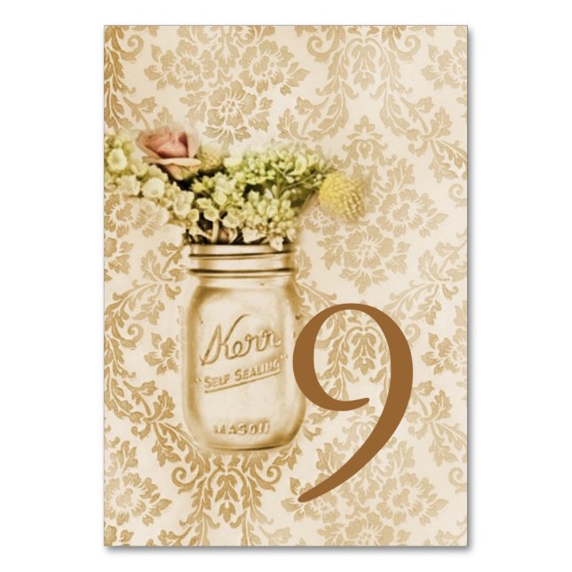 Champagne damask floral mason jar wedding table number (Front)