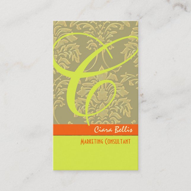 Champagne Damask Monogram Business Card (Front)