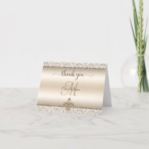 Champagne Damask Monogram Fleur De Lis Wedding Thank You Card