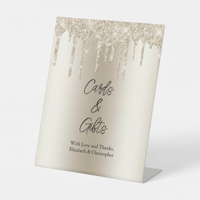 Champagne Dripping Glitter Cards and Gifts Wedding Pedestal Sign (Front)