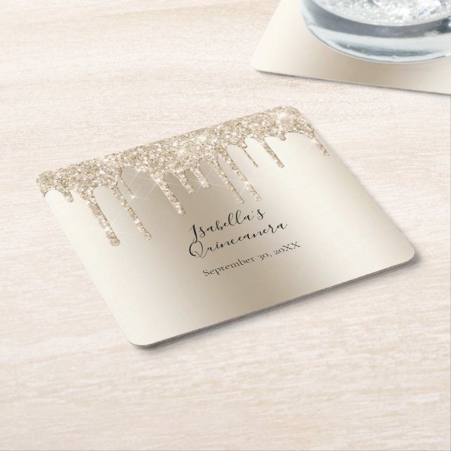 Champagne Dripping Glitter Quinceanera  Square Paper Coaster (Angled)