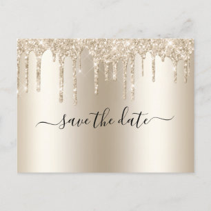 Champagne Dripping Glitter Trendy Glam Wedding  Announcement Postcard