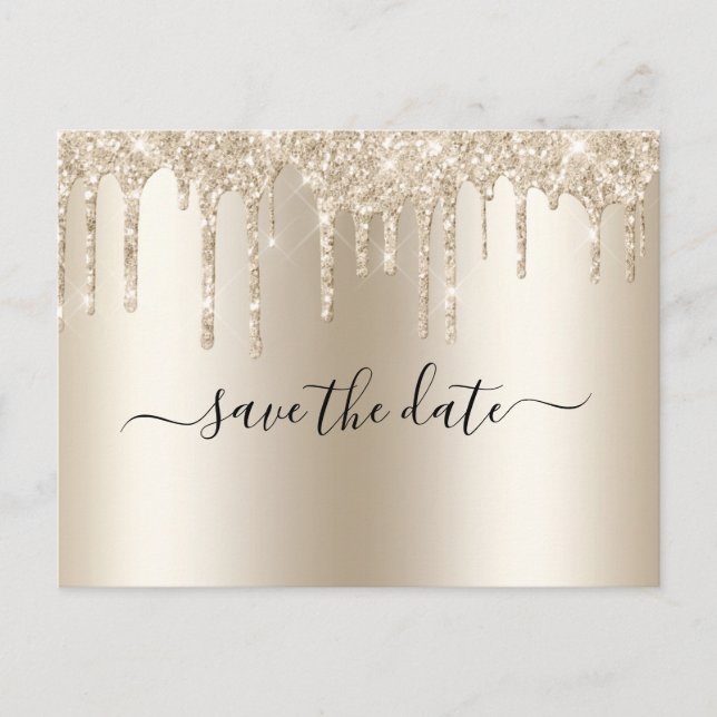 Champagne Dripping Glitter Trendy Glam Wedding  Announcement Postcard (Front)