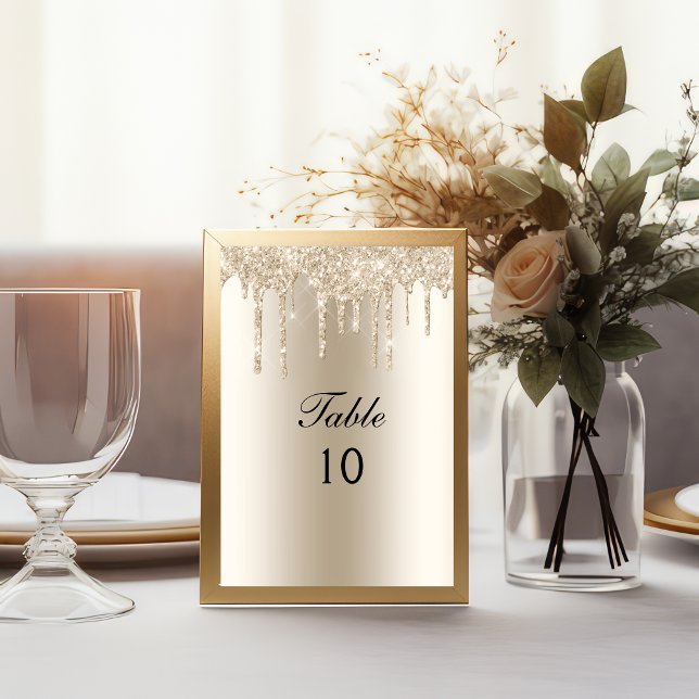 Champagne Dripping Glitter Wedding Table Number  (Champagne Dripping Glitter Quinceanera Table number Cards)