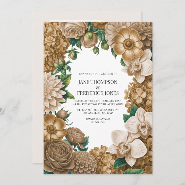 Champagne Dust, Golden Wheat & Mocha Linen Wedding Invitation (Front/Back)