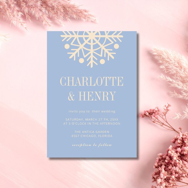 Champagne & Dusty Blue Simple Snowflake Wedding Invitation (Creator Uploaded)