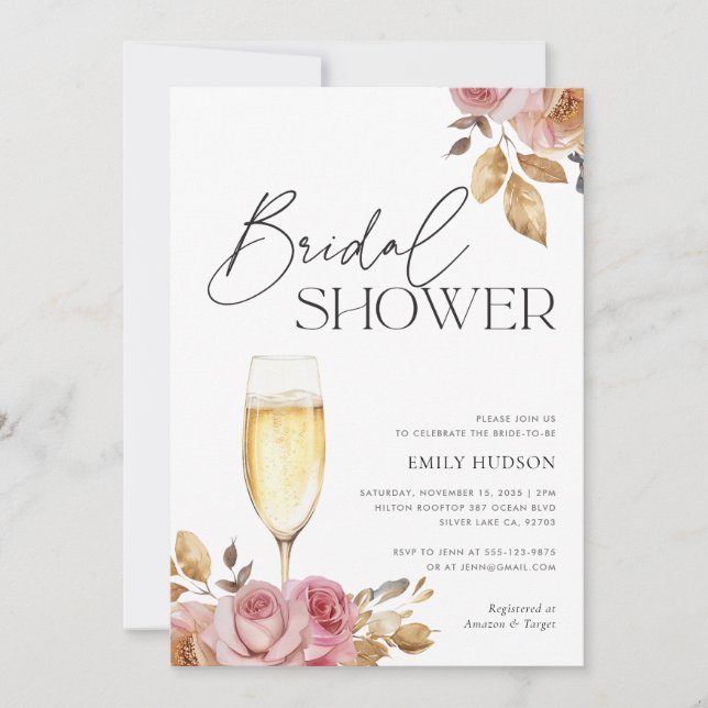 Champagne Elegant Floral Bridal Shower Invitation (Front)