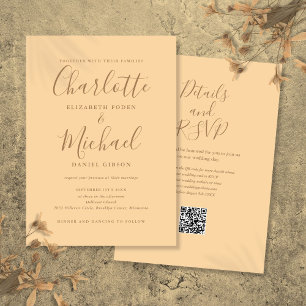 Champagne Elegant Script QR Code Wedding Invitation