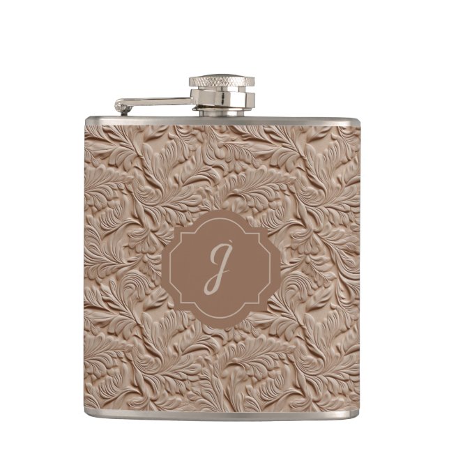 Champagne Faux Tooled Leather Vinyl  Hip Flask (Front)