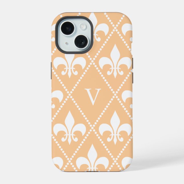 Champagne Fleur de Lis w/ monogram iPhone 15 Case (Back)