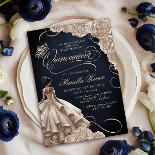 Champagne Floral Dress Quinceañera Invitation