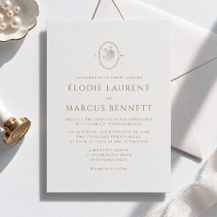 Champagne Floral Oval Monogram Wedding Invitation