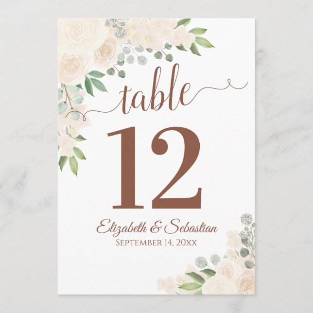 Champagne Floral Wedding Table Number Card Large (Front)