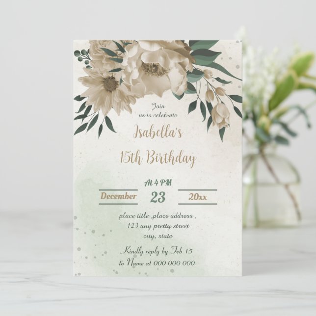 champagne flowers greenery birthday invitation (Standing Front)