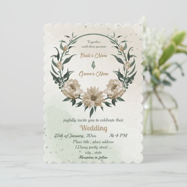 champagne flowers greenery geometric invitation (Standing Front)