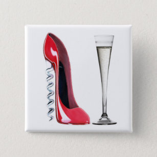 Champagne Flute Glass and Corkscrew Stiletto Shoe 15 Cm Square Badge