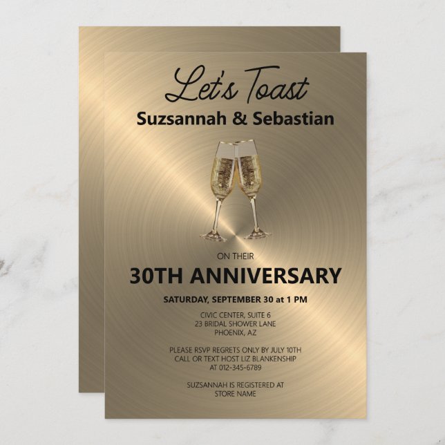 Champagne Flute Toast on Faux Metallic Invitation (Front/Back)