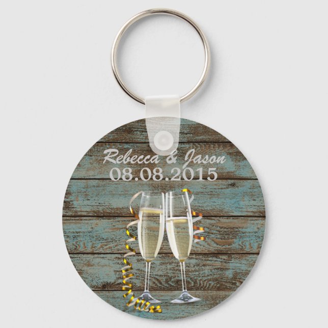champagne flutes rustic blue barn wedding key ring (Front)