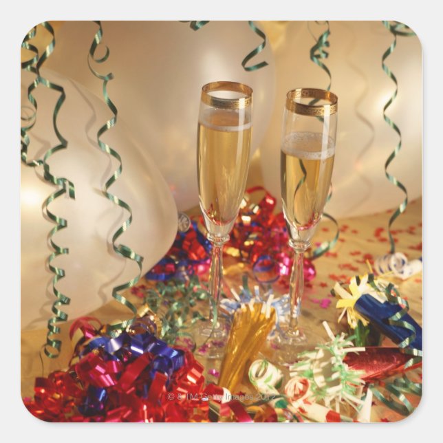 Champagne flutes, streamers and noisemakers square sticker (Front)