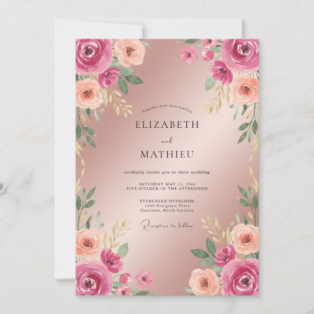 Champagne Fuchsia Ranunculus Eucalyptus Wedding Invitation (Front)