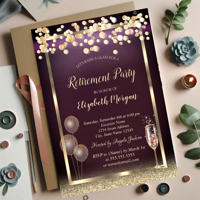 Champagne Glass Balloons Glitter Gold Retirement  Invitation (Creator Uploaded)