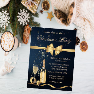 Champagne Glass Bottle, Gold Bow Christmas Party Invitation