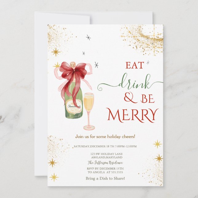 Champagne Glass Bottle Red Bow Invitation (Front)