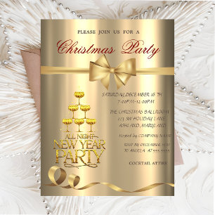 Champagne Glass Bow Gold Christmas Party  Invitation