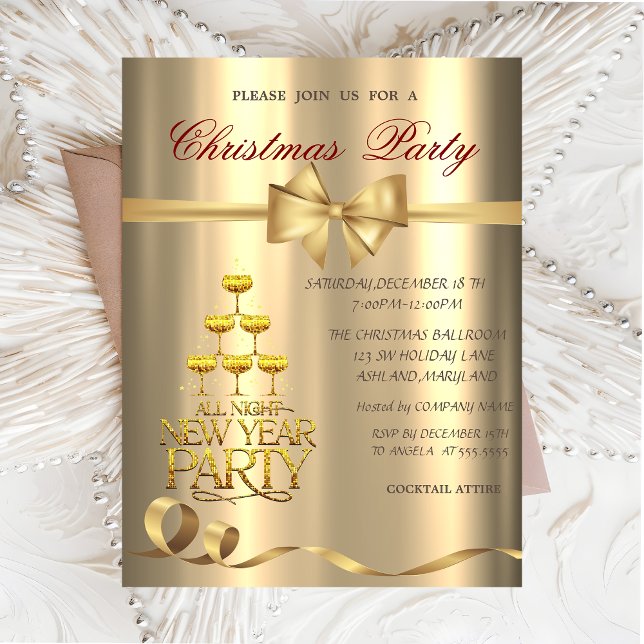 Champagne Glass Bow Gold Christmas Party  Invitation (Creator Uploaded)