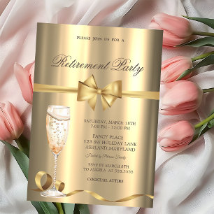 Champagne Glass Bow Gold Retirement Party Invitation