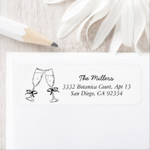 Champagne Glass Bow Line Drawn Doodle Black Return Address Label