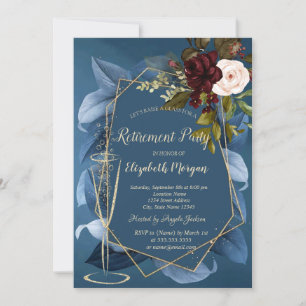 Champagne Glass Burgundy Roses Blue Retirement  Invitation