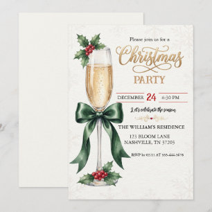 Champagne Glass Christmas Party Invitation Card