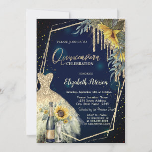Champagne Glass,Dress,Sunflowers Navy Blue Invitation