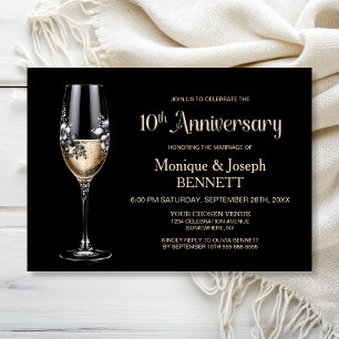 Champagne Glass Floral 10th Wedding Anniversary Invitation
