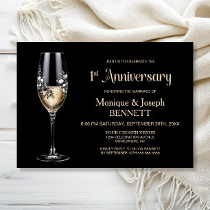 Champagne Glass Floral 1st Wedding Anniversary Invitation
