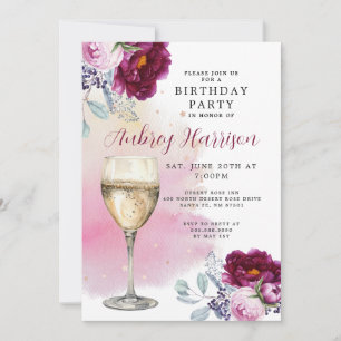 Champagne Glass Floral Birthday Invitation