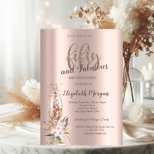 Champagne Glass Flowers Rose Gold 50th  Invitation